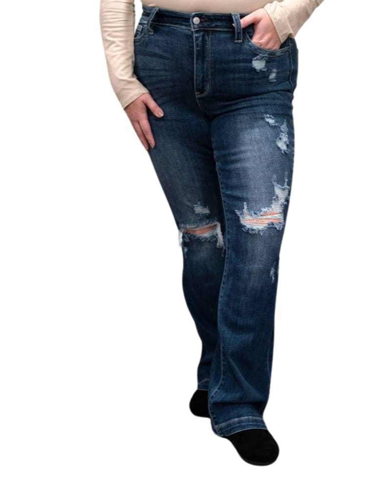 Front of a model wearing a size 22W Mid Rise Hand Sanded & Destroyed Bootcut Jean In Blue in Blue by Judy Blue. | dia_product_style_image_id:357465